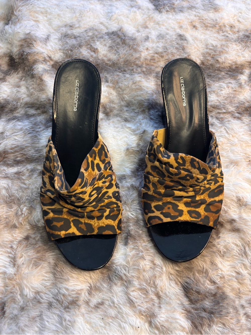 Liz Claiborne Leopard Print Open-Toe Slide Mules - Brown/Black